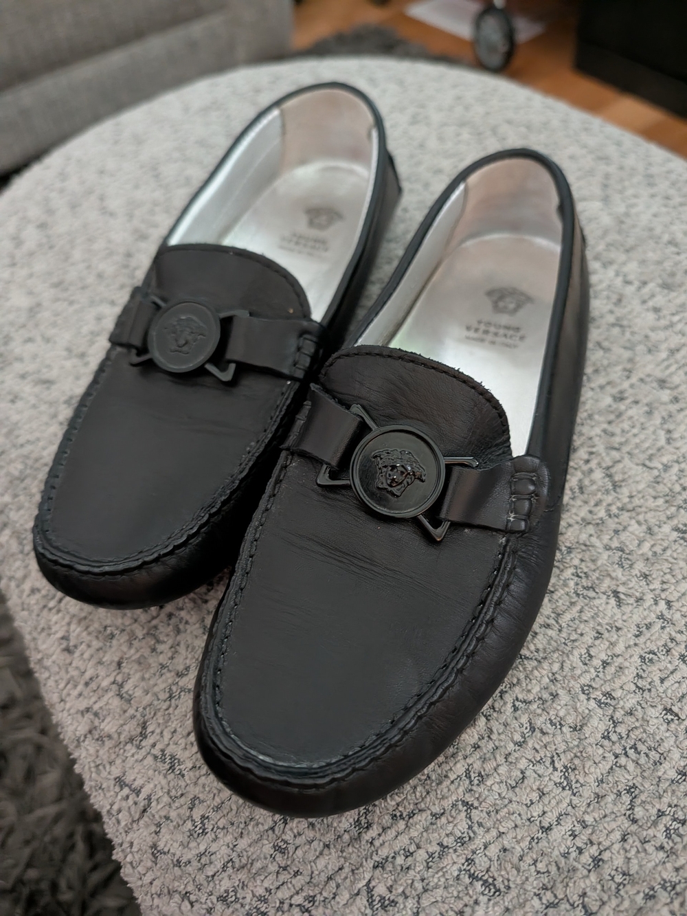 Women's Black Leather Loafers with Signature Young Versace Medallion